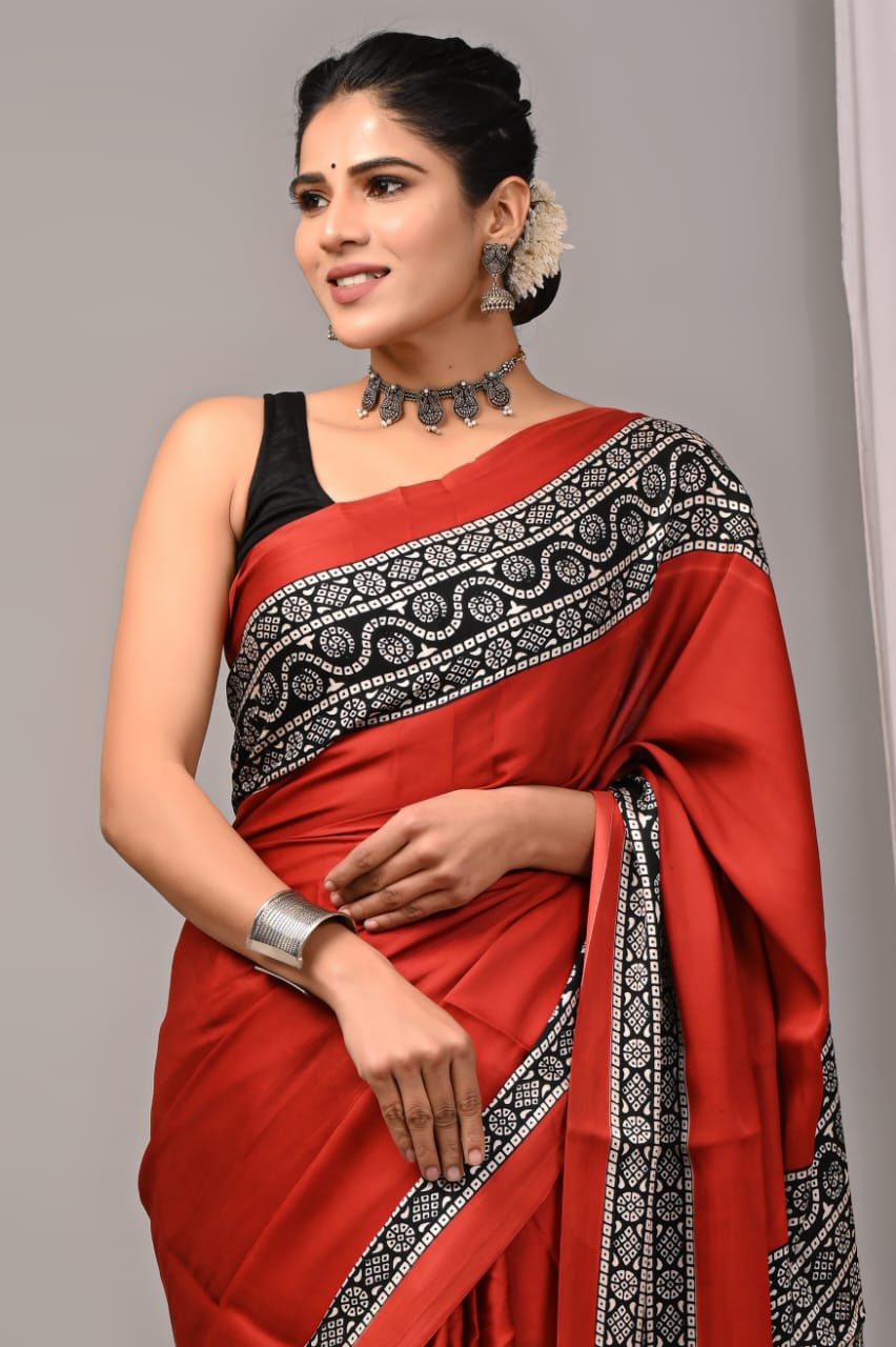 Hand Block Print Ajrakh Saree