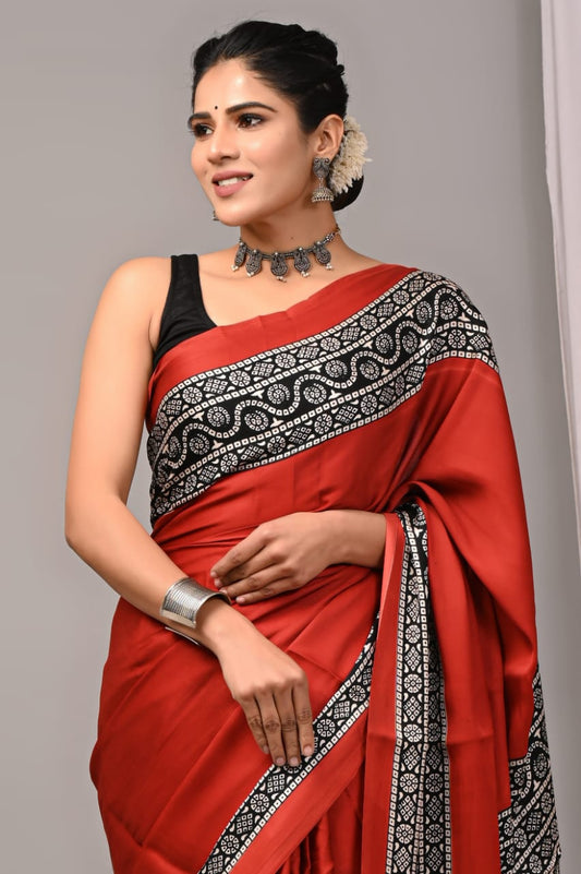 Hand Block Print Ajrakh Saree