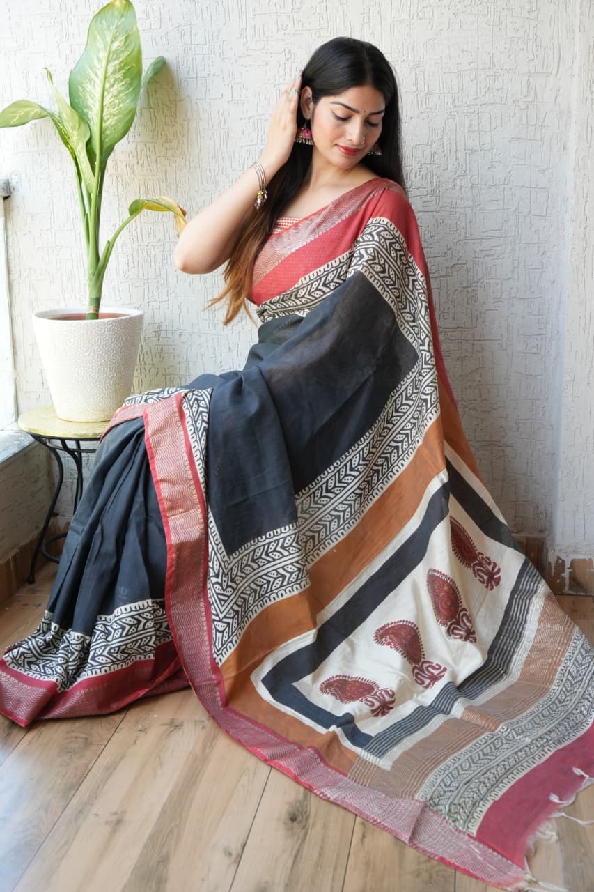 buy chanderi silk saree ajarakh print