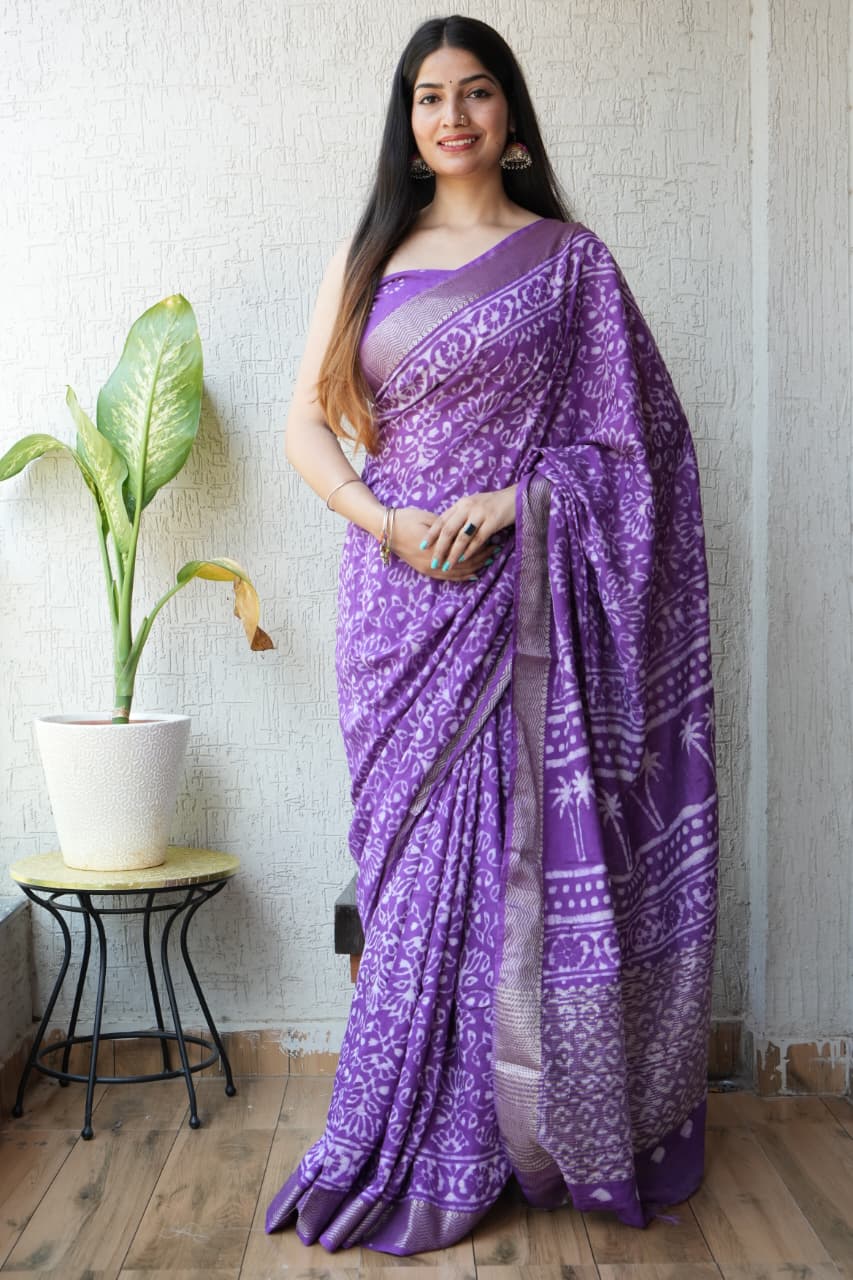 Geecha Art Silk Saree with Ajrakh