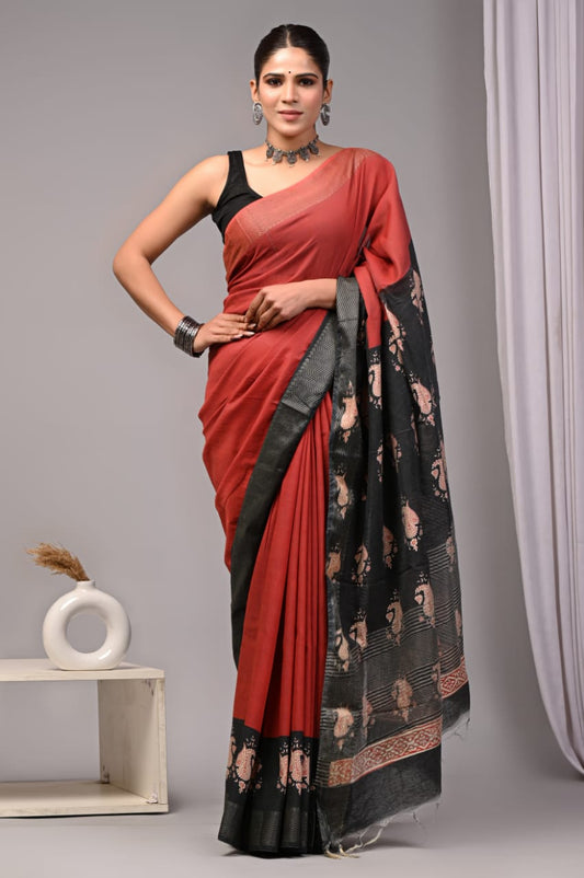 Geecha Border Ajrakh Chanderi Saree