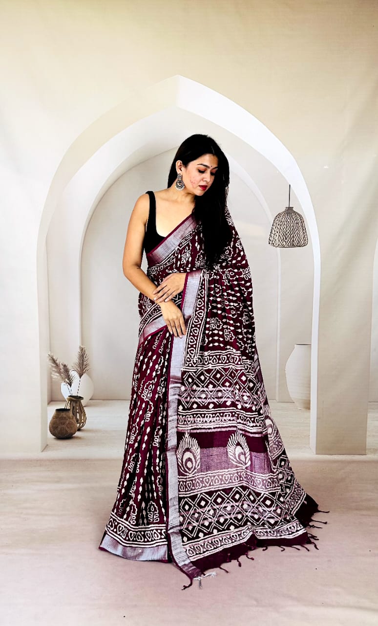 Elegant Daily Wear Bagru Print Cotton Linen Saree