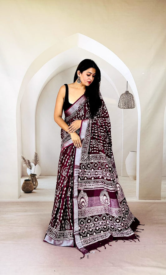 Elegant Daily Wear Bagru Print Cotton Linen Saree