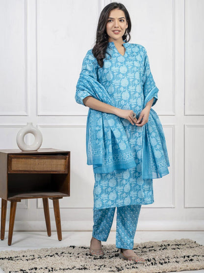 sky blue flower print kurti pant