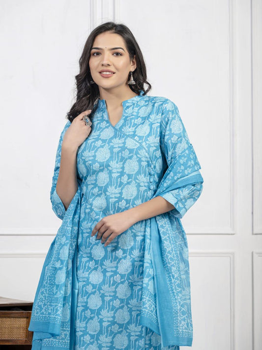 sky blue flower print kurti pant