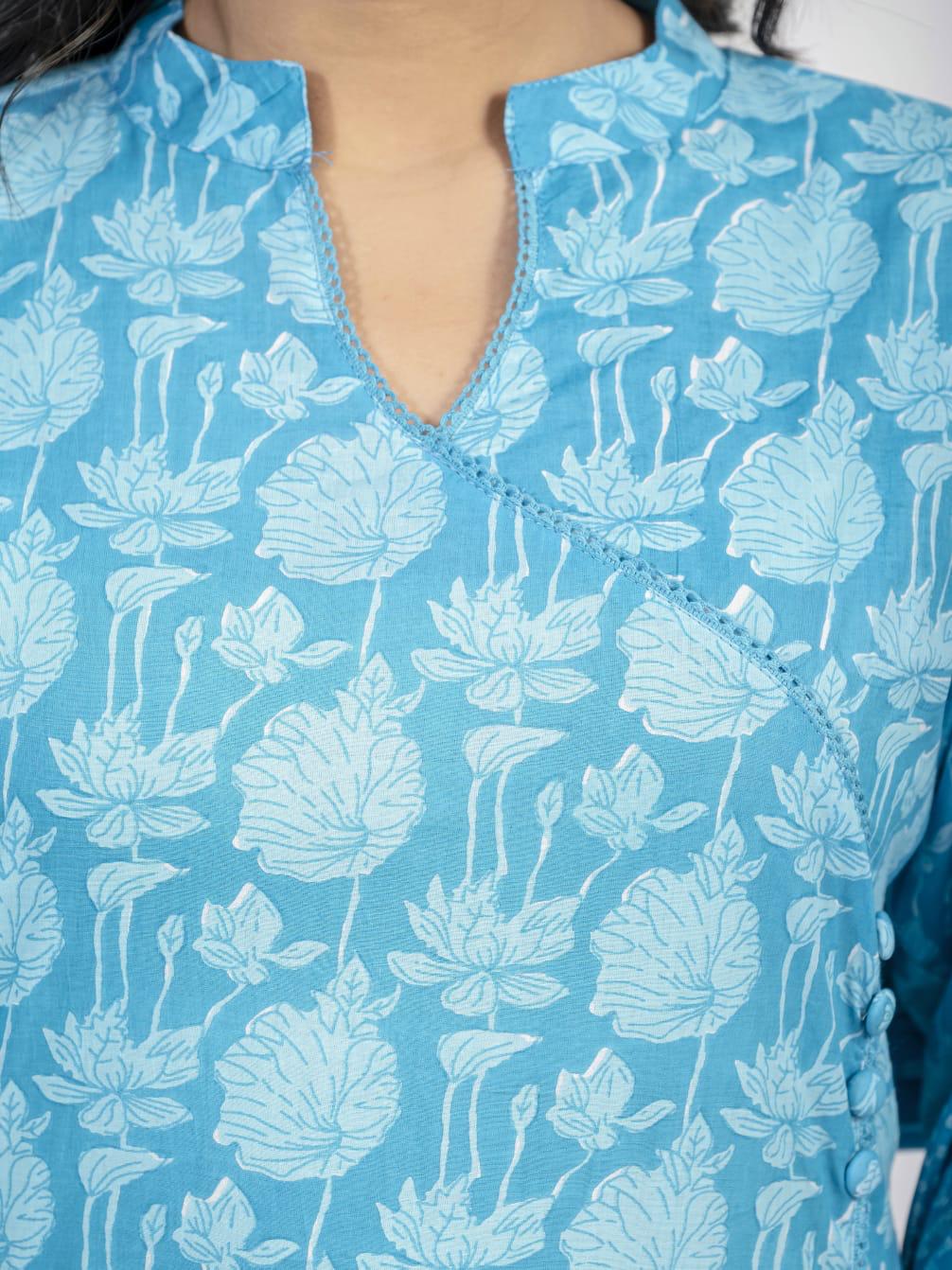 sky blue flower print kurti pant