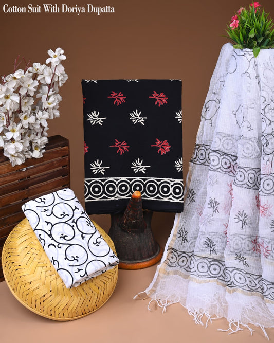 Buy Black Cotton Suits with White Kota Doriya Dupatta – Classic & Comfortable