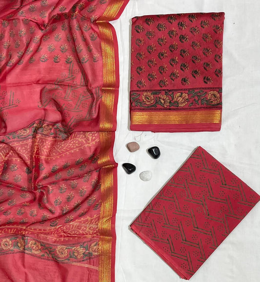 Hand Block Maheshwari Silk Suit with Zari Dupatta