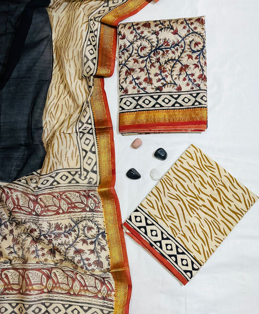 Classic Maheshwari Silk Suit with Cotton Bottom Set