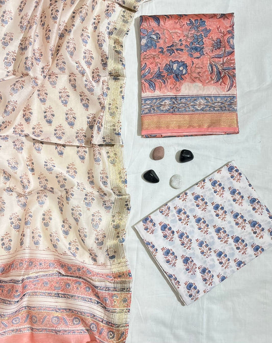 Graceful Maheshwari Silk Suit with Hand Block Print