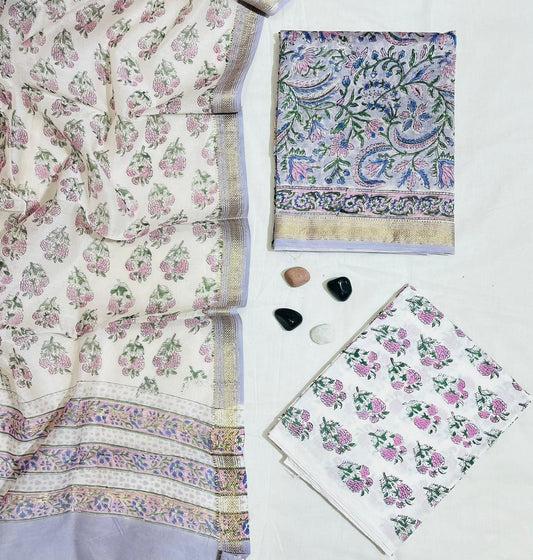 Block Printed Maheshwari Silk Suit with Zari Border