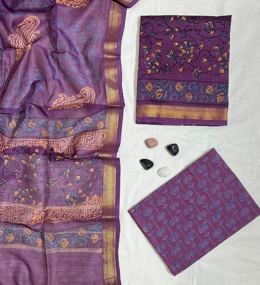 Classic Maheshwari Silk Suit with Rich Hand Block