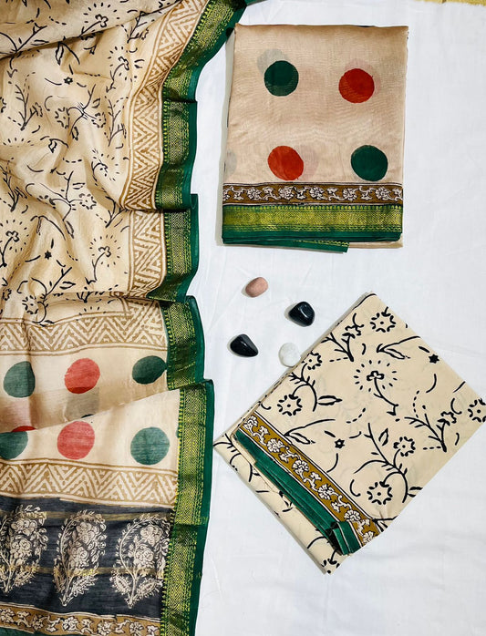 Authentic Maheshwari Silk Suit with Printed Dupatta