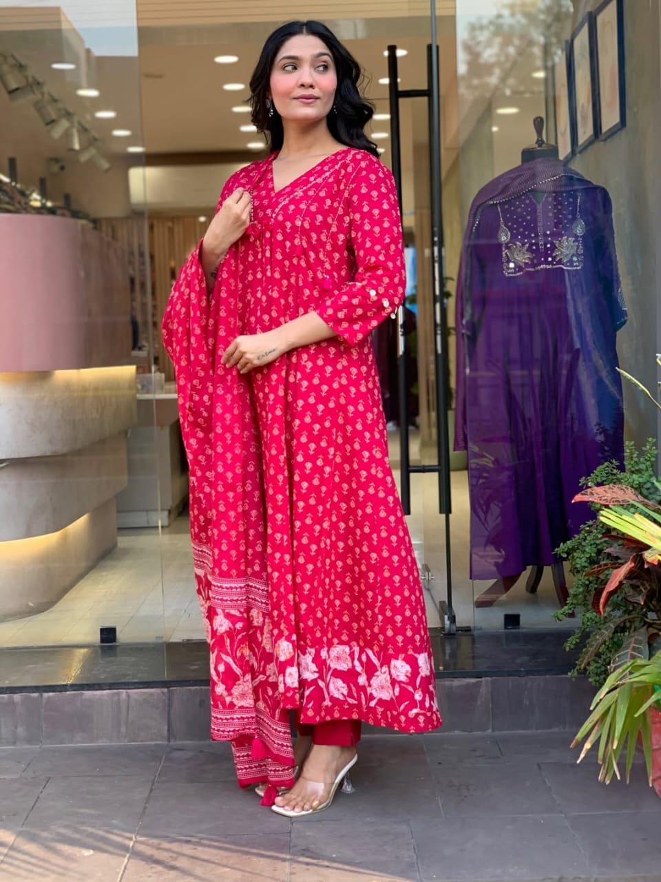 Red Anarkali suit set with mulmul duptta
