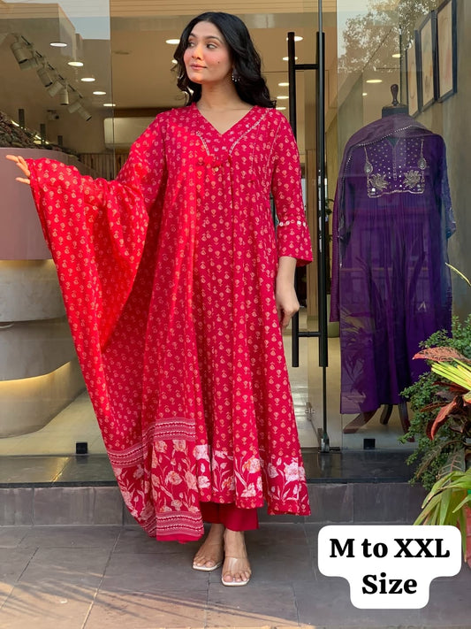 Red Anarkali suit set with mulmul duptta