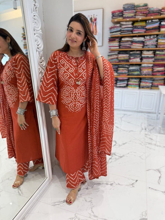 Rust orange kurti pant with bandhani print