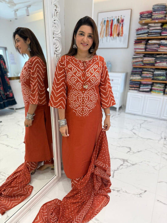 Rust orange kurti pant with bandhani print