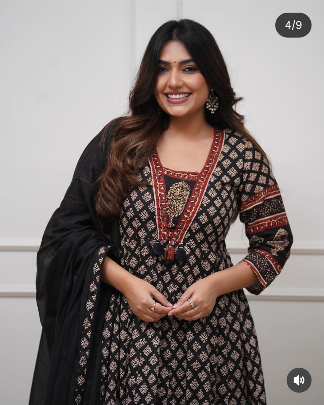 Black & Red Handblock Print Kurti Set