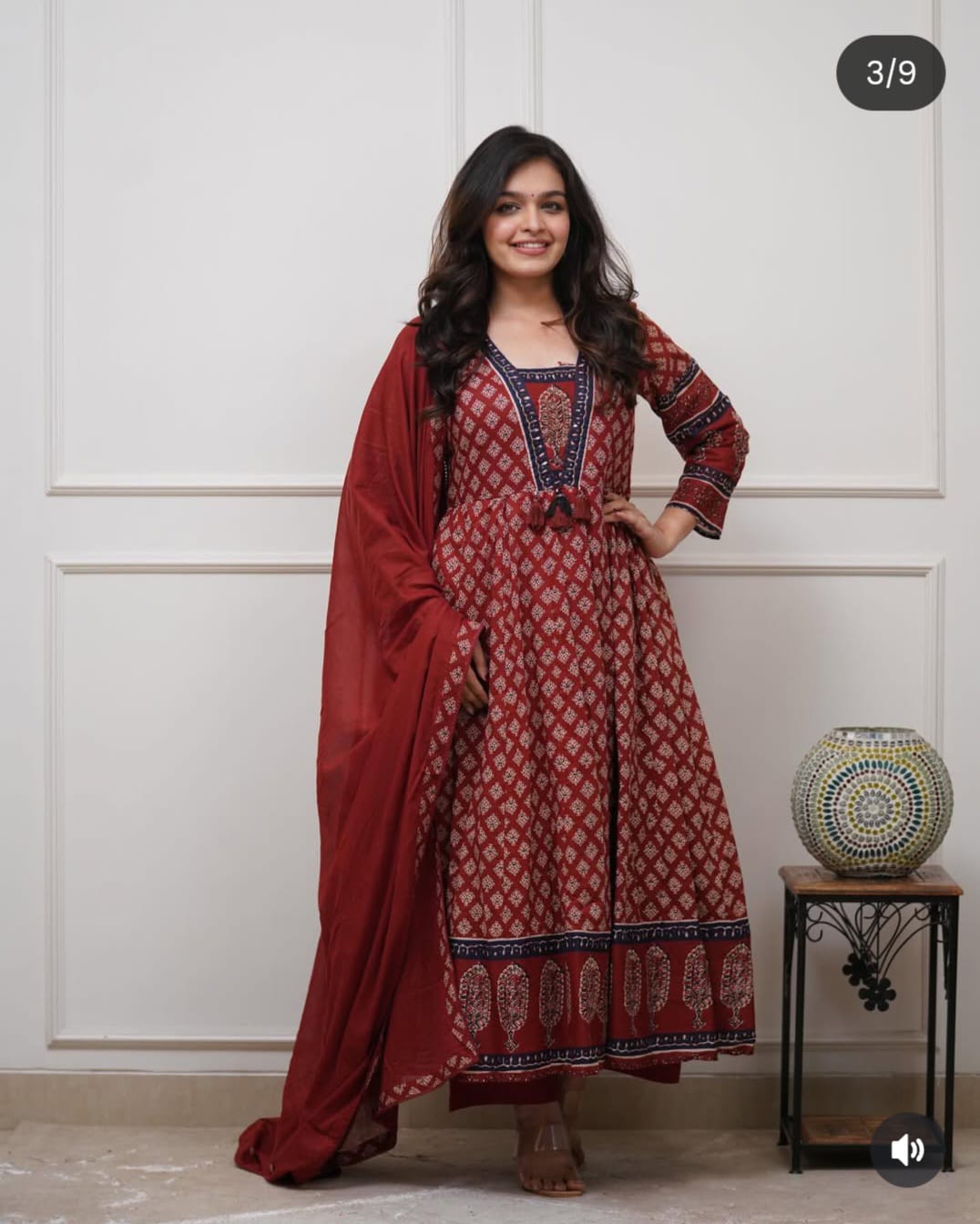 Maroon Ajrakh Print Anarkali Kurti Set