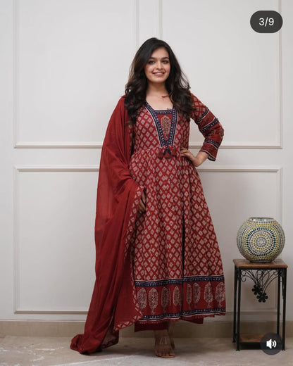 Maroon Ajrakh Print Anarkali Kurti Set