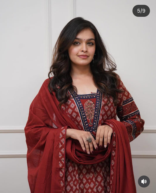 Maroon Ajrakh Print Anarkali Kurti Set