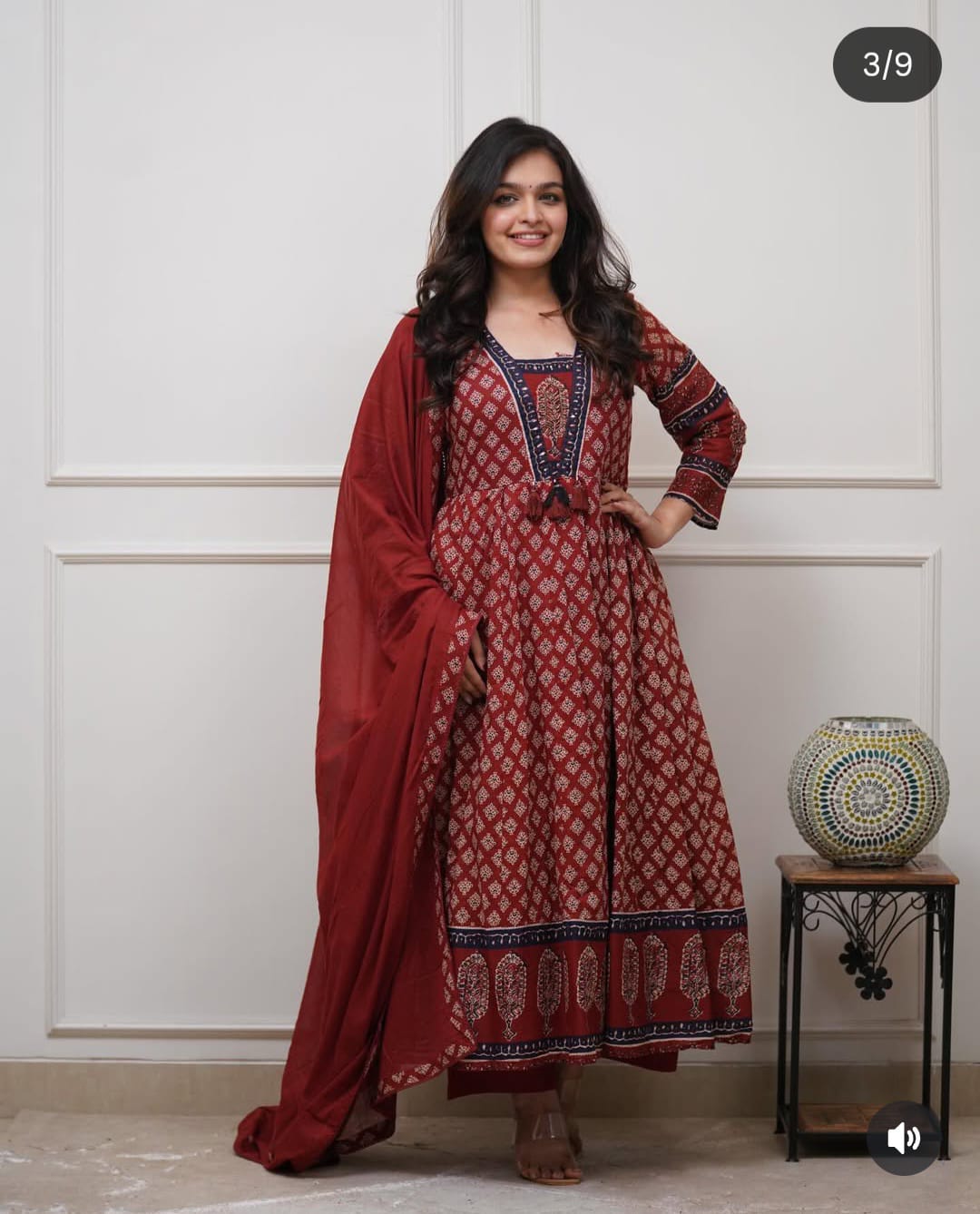 Maroon Ajrakh Print Anarkali Kurti Set