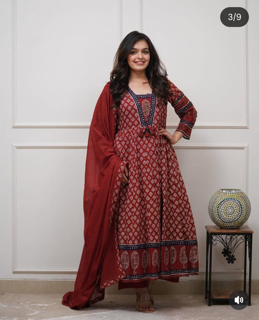 Maroon Ajrakh Print Anarkali Kurti Set