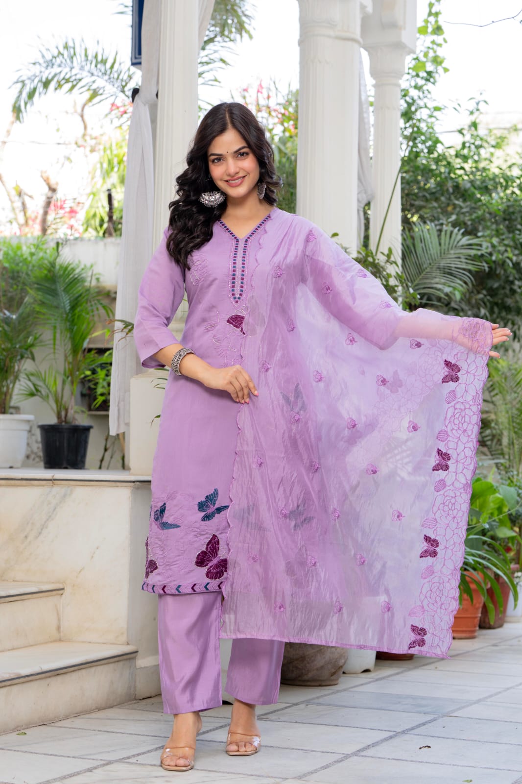 Purple Butterfly Design Kurti with Pants & Dupatta