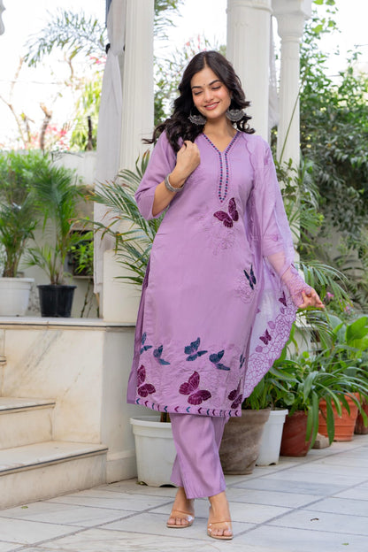 Purple Butterfly Design Kurti with Pants & Dupatta