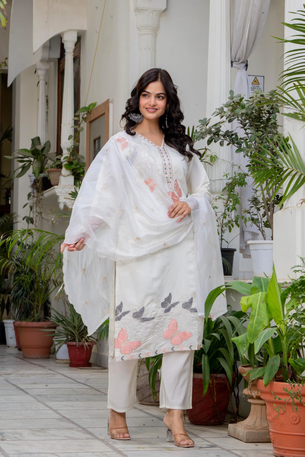 White kurti pant with butterrfly work and dupatta