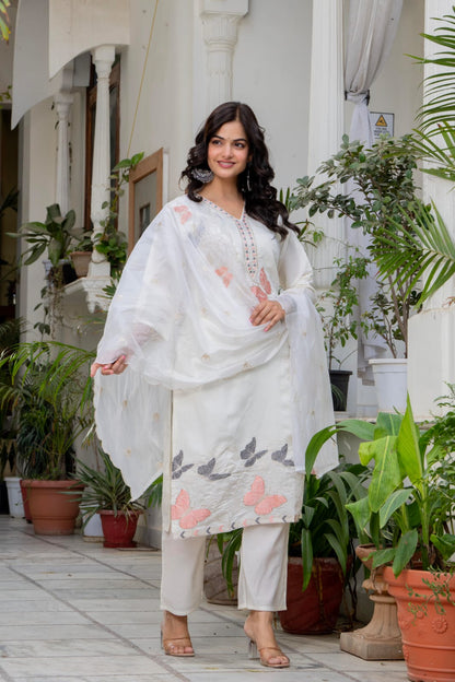 White kurti pant with butterrfly work and dupatta