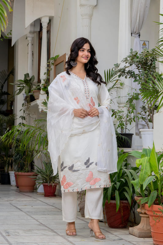 White kurti pant with butterrfly work and dupatta