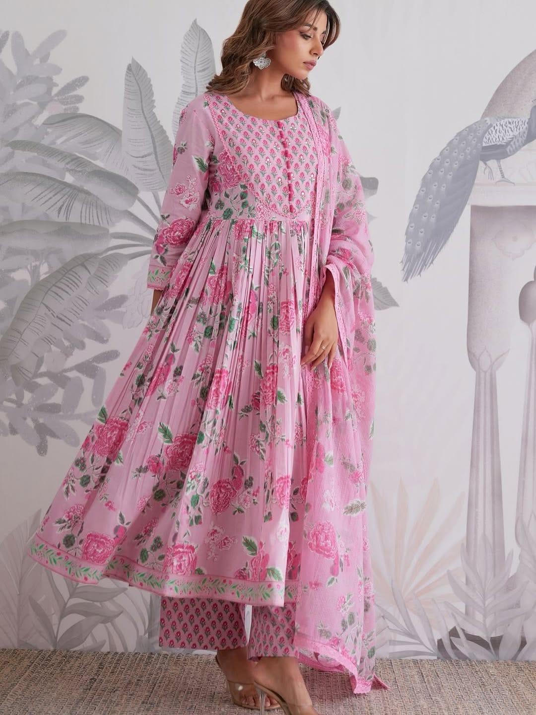 Pink Flower Print Anarkali Suits With Dupatta