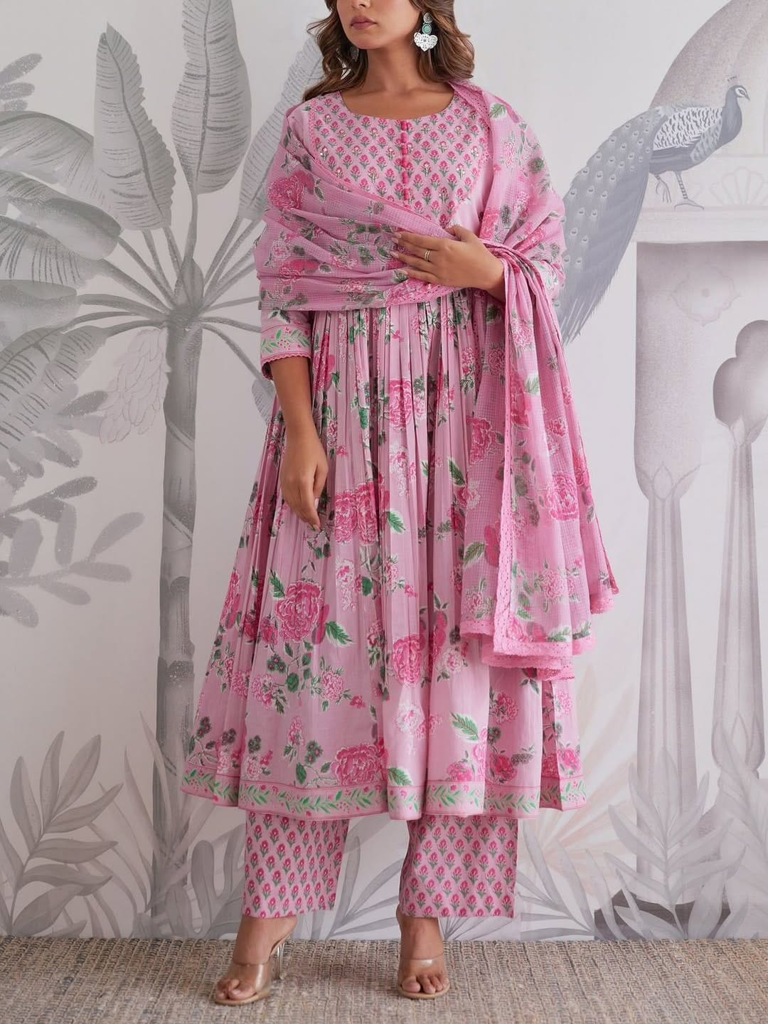 Pink Flower Print Anarkali Suits With Dupatta