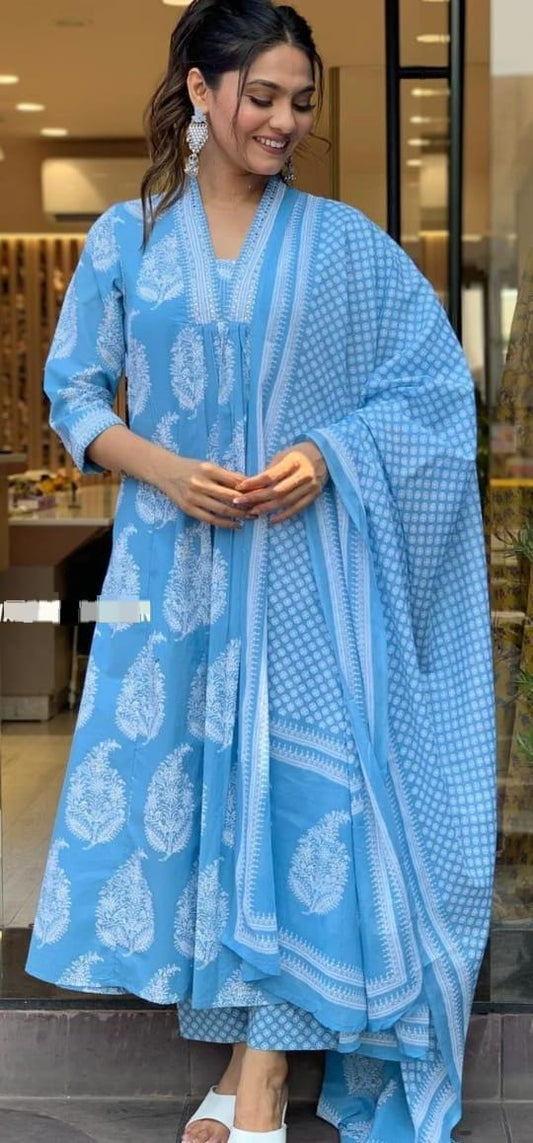 Blue Cotton Kurti Pant With Mulmul Printed Dupatta