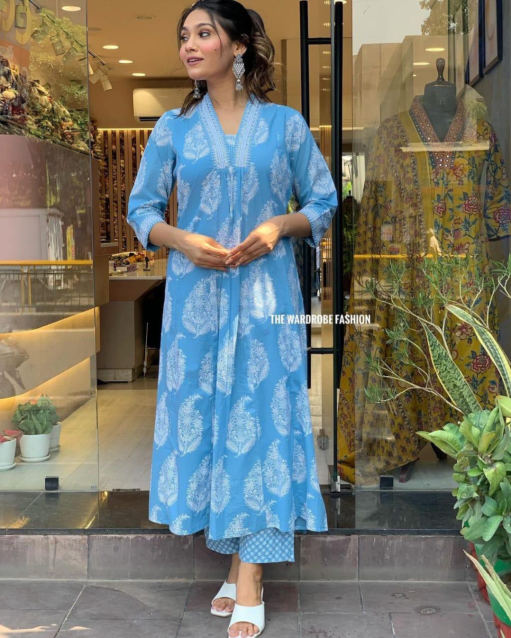 Blue Cotton Kurti Pant With Mulmul Printed Dupatta