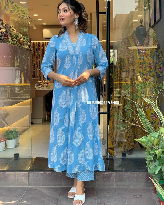 Blue Cotton Kurti Pant With Mulmul Printed Dupatta