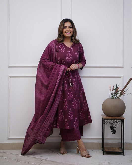 Dark Brown Flower Print Kurti Pant With Dupatta