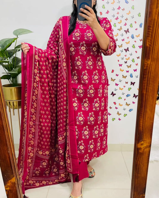 Flower Printed Kurti Pant With Dupatta