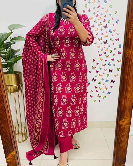 Flower Printed Kurti Pant With Dupatta