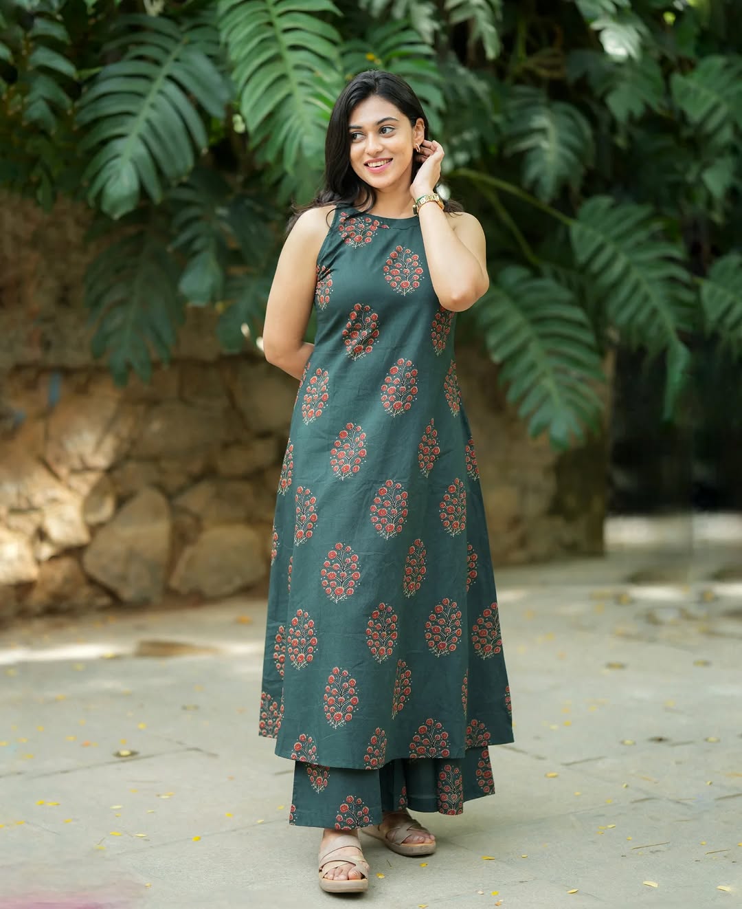 olive green cotton halter neck A-line kurta paired with matching palazzo