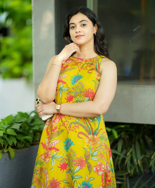 sleeveless yellow printed cotton kurta Palazzo set