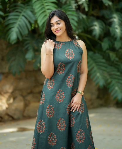 olive green cotton halter neck A-line kurta paired with matching palazzo