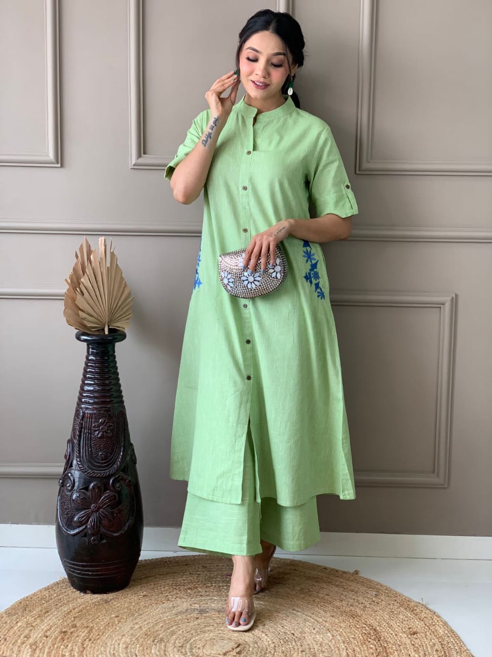 Parrot green embroiderey kurta pant