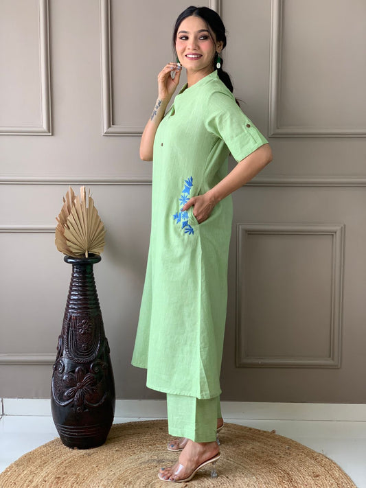 Parrot green embroiderey kurta pant