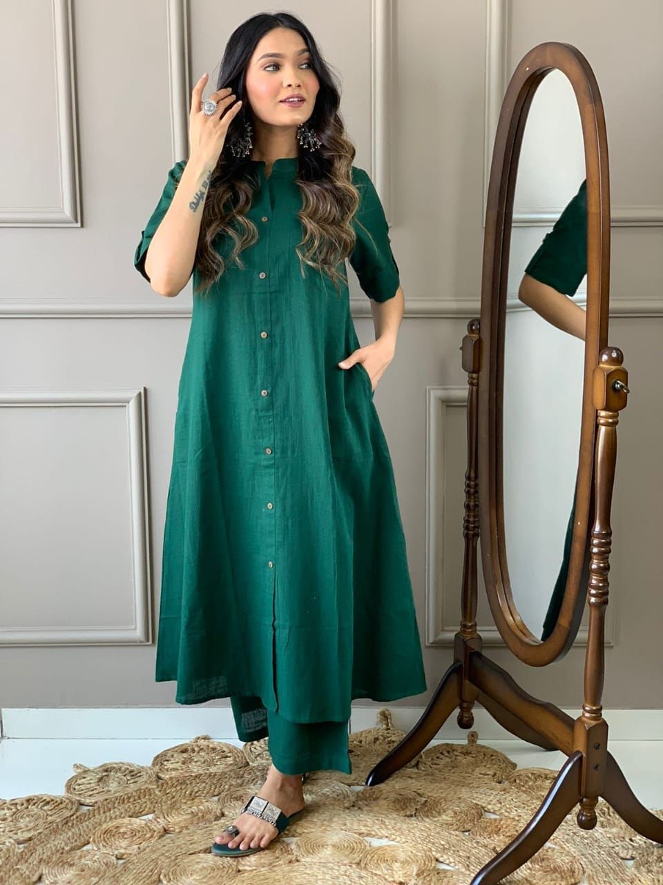 Green cotton kurti pant aline pattern
