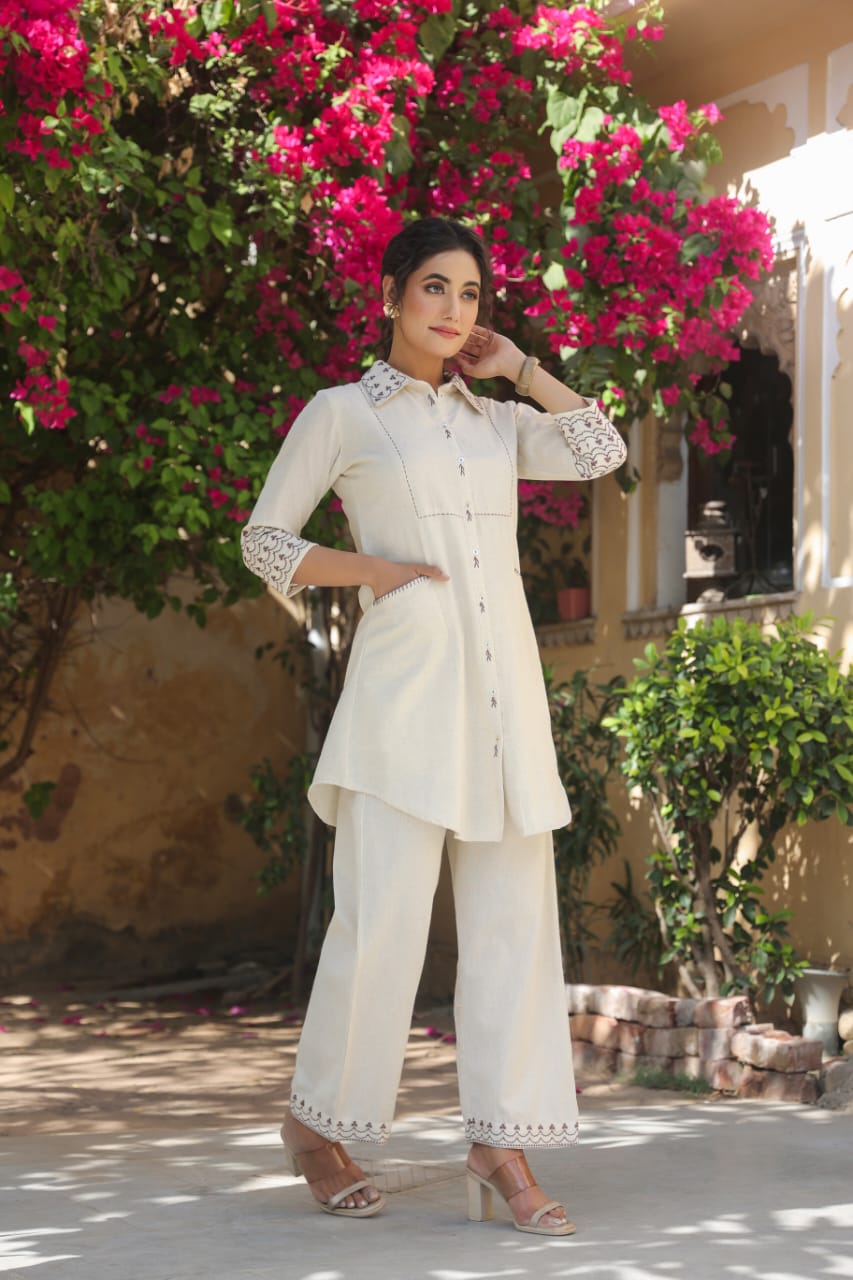 Classy Off White Cotton Flex Cord Set Kurta With Front Side Two Pocket