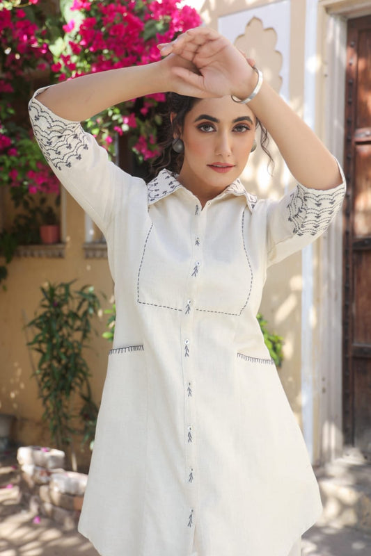 Classy Off White Cotton Flex Cord Set Kurta With Front Side Two Pocket