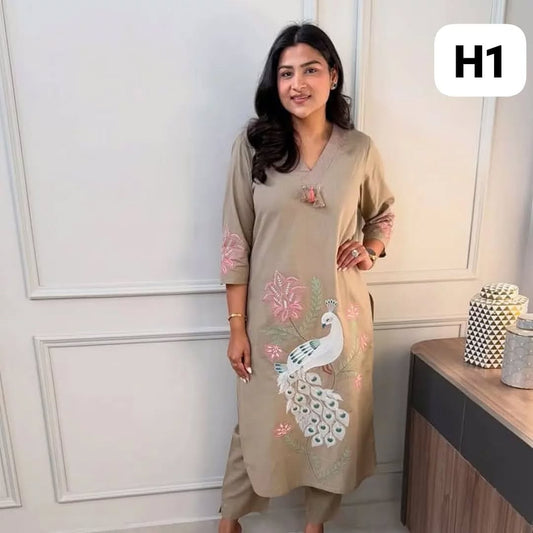 Peacock Embroidery Work Cotton Cord Set For Women