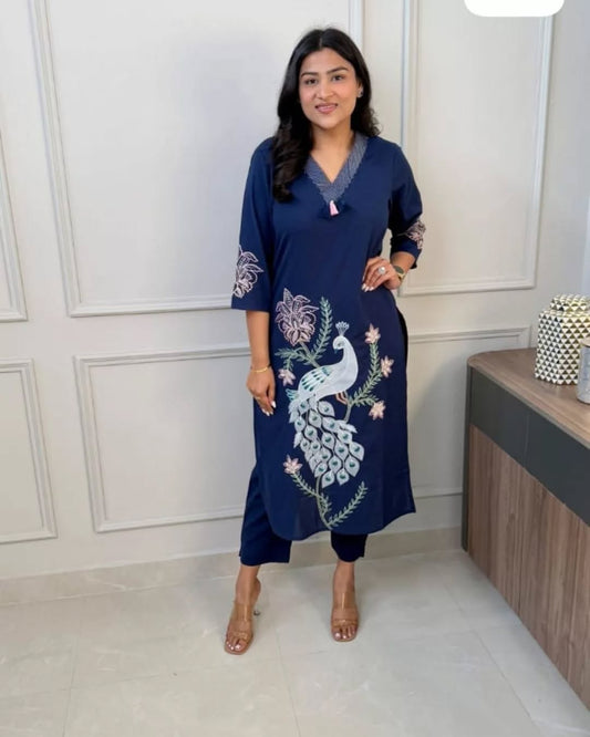 Peacock Embroidery Work Cotton Co Ord Set For Women